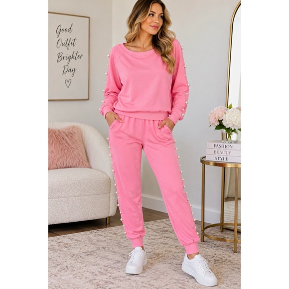 Why Dress Pants - WHY DRESS Women’s Pink 2-Piece Knit Set Pearl Sweatshirt & Jogger Pants L